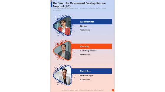 Our Team For Customized Painting Service Proposal One Pager Sample Example Document Our Team For Customized Painting Service Proposal One Pager Sample Example Document