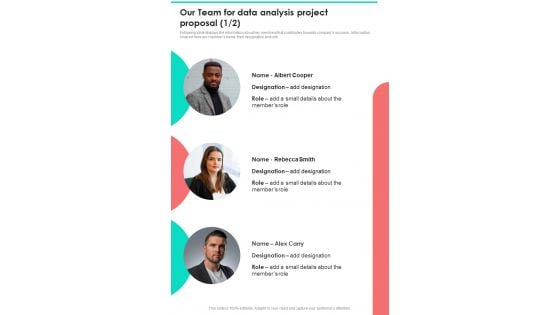 Our Team For Data Analysis Project Proposal One Pager Sample Example Document