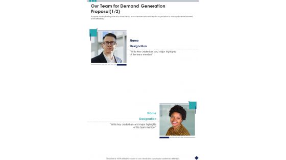 Our Team For Demand Generation Proposal One Pager Sample Example Document Our Team For Demand Generation Proposal One Pager Sample Example Document