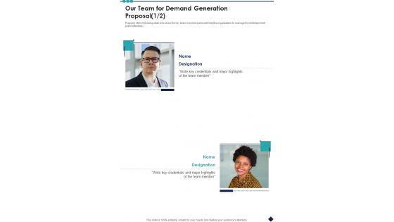 Our Team For Demand Generation Proposal One Pager Sample Example Document