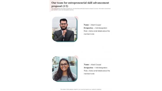 Our Team For Entrepreneurial Skill Advancement Proposal One Pager Sample Example Document