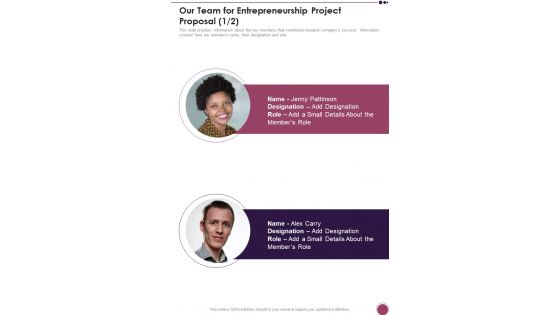 Our Team For Entrepreneurship Project Proposal One Pager Sample Example Document Our Team For Entrepreneurship Project Proposal One Pager Sample Example Document
