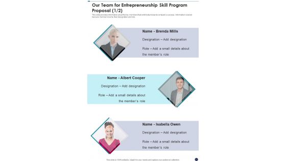 Our Team For Entrepreneurship Skill Program Proposal One Pager Sample Example Document Our Team For Entrepreneurship Skill Program Proposal One Pager Sample Example Document