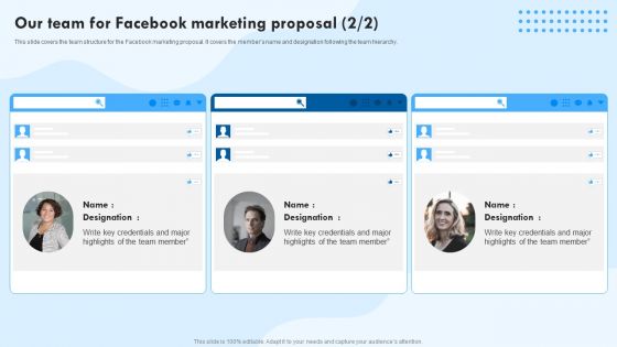 Our Team For Facebook Marketing Proposal Ppt Slides Template PDF