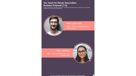 Our Team For Flower Decoration Business Proposal One Pager Sample Example Document