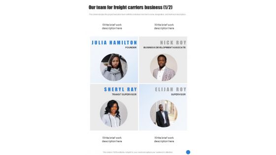 Our Team For Freight Carriers Business One Pager Sample Example Document