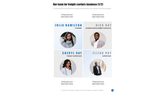 Our Team For Freight Carriers Business One Pager Sample Example Document Our Team For Freight Carriers Business One Pager Sample Example Document