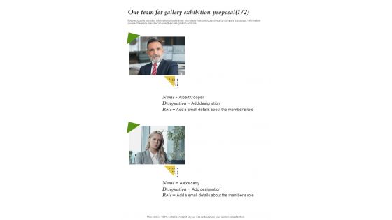 Our Team For Gallery Exhibition Proposal One Pager Sample Example Document Our Team For Gallery Exhibition Proposal One Pager Sample Example Document