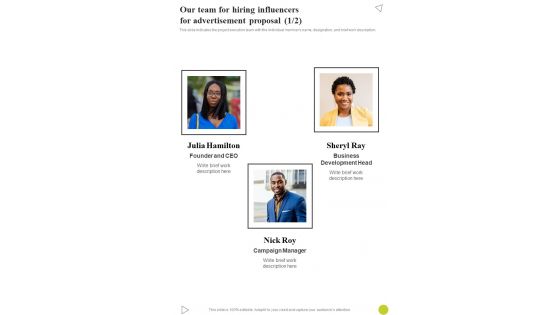 Our Team For Hiring Influencers For Advertisement Proposal One Pager Sample Example Document