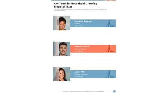 Our Team For Household Cleaning Proposal One Pager Sample Example Document