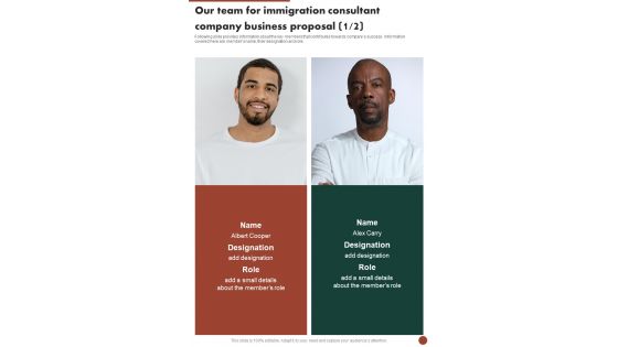 Our Team For Immigration Consultant Company Business Proposal One Pager Sample Example Document Our Team For Immigration Consultant Company Business Proposal One Pager Sample Example Document