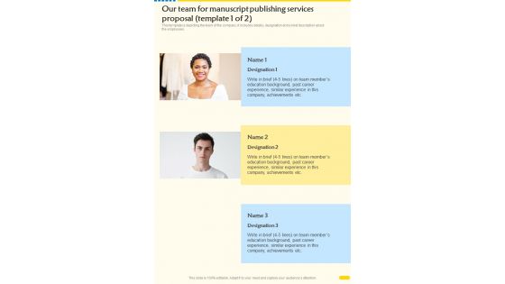 Our Team For Manuscript Publishing Services Proposal One Pager Sample Example Document