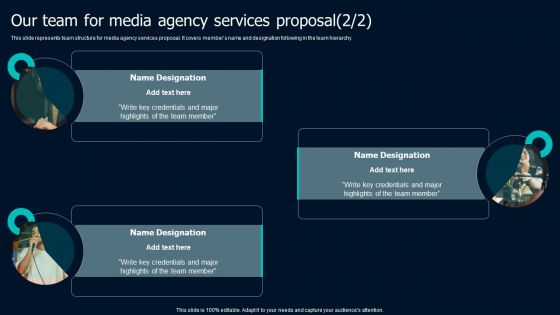 Our Team For Media Agency Services Proposal Infographics PDF