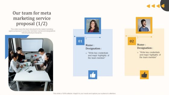 Our Team For Meta Marketing Service Proposal Summary PDF