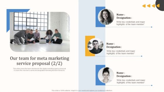 Our Team For Meta Marketing Service Proposal Summary PDF