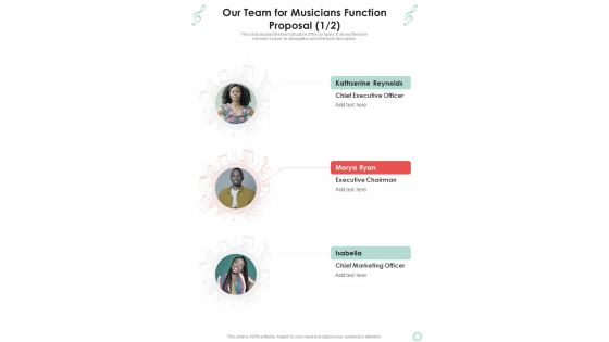 Our Team For Musicians Function Proposal One Pager Sample Example Document