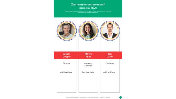 Our Team For Nursery School Proposal One Pager Sample Example Document