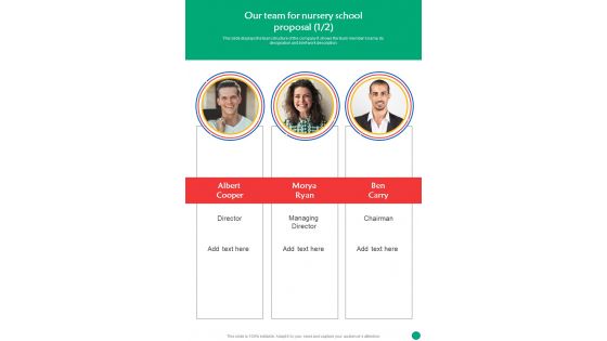 Our Team For Nursery School Proposal One Pager Sample Example Document