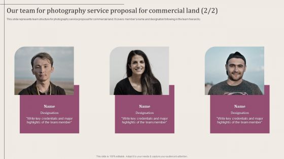 Our Team For Photography Service Proposal For Commercial Land Introduction PDF