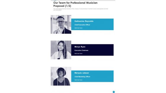 Our Team For Professional Musician Proposal One Pager Sample Example Document Our Team For Professional Musician Proposal One Pager Sample Example Document