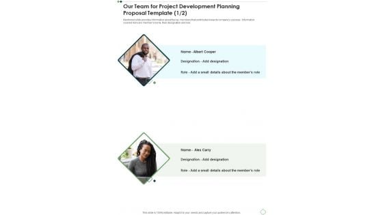Our Team For Project Development Planning Proposal Template One Pager Sample Example Document Our Team For Project Development Planning Proposal Template One Pager Sample Example Document