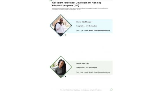 Our Team For Project Development Planning Proposal Template One Pager Sample Example Document