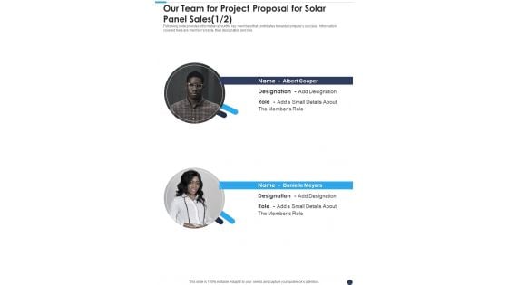 Our Team For Project Proposal For Solar Panel Sales One Pager Sample Example Document