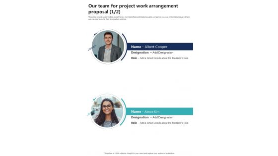 Our Team For Project Work Arrangement Proposal One Pager Sample Example Document