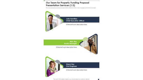 Our Team For Property Funding Proposal Presentation Services One Pager Sample Example Document