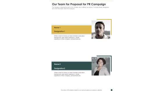 Our Team For Proposal For PR Campaign One Pager Sample Example Document Our Team For Proposal For PR Campaign One Pager Sample Example Document
