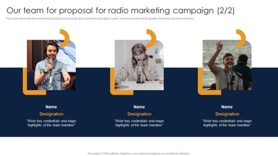 Our Team For Proposal For Radio Marketing Campaign Ppt Visual Aids Portfolio PDF