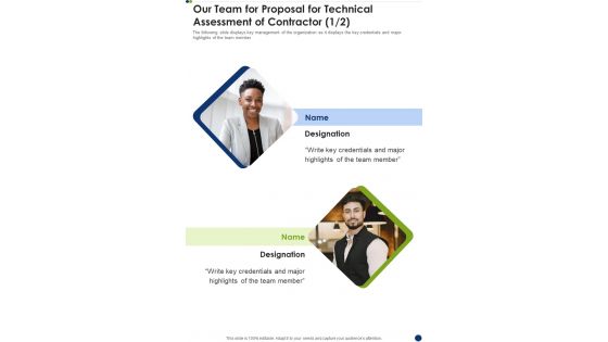 Our Team For Proposal For Technical Assessment Of Contractor One Pager Sample Example Document Our Team For Proposal For Technical Assessment Of Contractor One Pager Sample Example Document