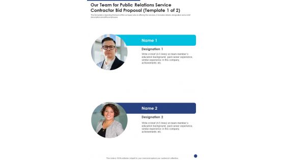 Our Team For Public Relations Service Contractor Bid Proposal One Pager Sample Example Document