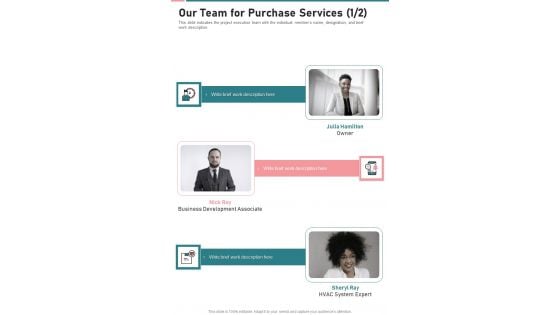 Our Team For Purchase Services One Pager Sample Example Document