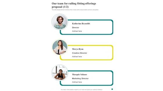 Our Team For Railing Fitting Offerings Proposal One Pager Sample Example Document