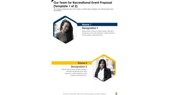 Our Team For Recreational Event Proposal One Pager Sample Example Document