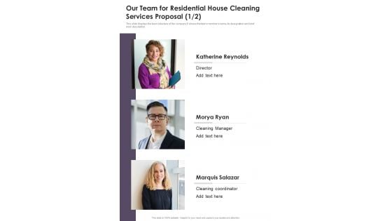 Our Team For Residential House Cleaning Services Proposal One Pager Sample Example Document
