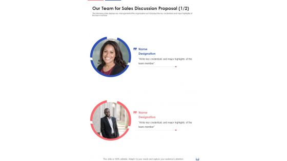 Our Team For Sales Discussion Proposal One Pager Sample Example Document