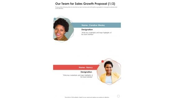 Our Team For Sales Growth Proposal One Pager Sample Example Document