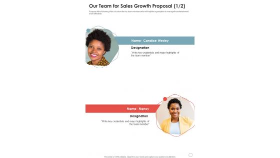 Our Team For Sales Growth Proposal One Pager Sample Example Document Our Team For Sales Growth Proposal One Pager Sample Example Document