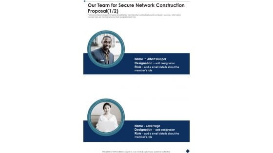 Our Team For Secure Network Construction Proposal One Pager Sample Example Document