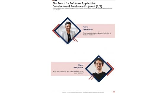 Our Team For Software Application Development Freelance Proposal One Pager Sample Example Document