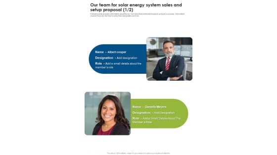 Our Team For Solar Energy System Sales And Setup Proposal One Pager Sample Example Document