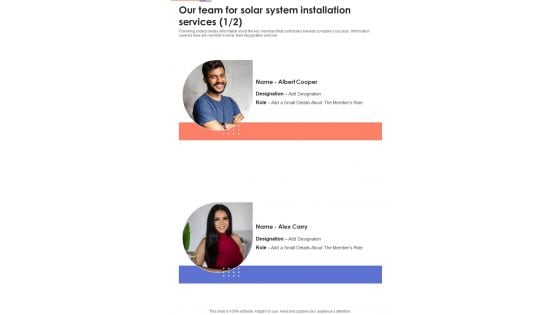 Our Team For Solar System Installation Services One Pager Sample Example Document Our Team For Solar System Installation Services One Pager Sample Example Document