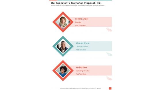 Our Team For TV Promotion Proposal One Pager Sample Example Document Our Team For TV Promotion Proposal One Pager Sample Example Document