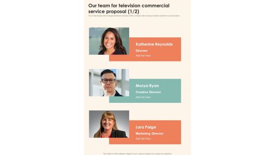 Our Team For Television Commercial Service Proposal One Pager Sample Example Document Our Team For Television Commercial Service Proposal One Pager Sample Example Document