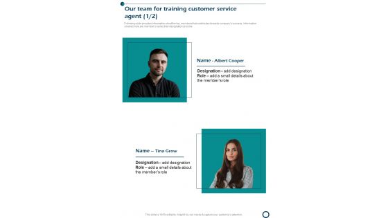 Our Team For Training Customer Service Agent One Pager Sample Example Document