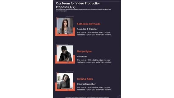 Our Team For Video Production Proposal One Pager Sample Example Document