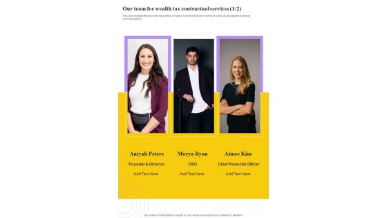 Our Team For Wealth Tax Contractual Services One Pager Sample Example Document Our Team For Wealth Tax Contractual Services One Pager Sample Example Document