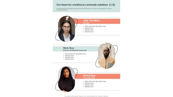 Our Team For Workforce Commute Solutions One Pager Sample Example Document